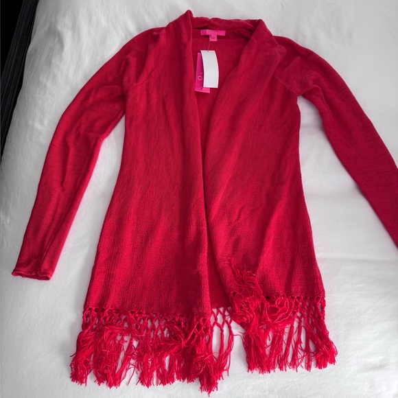 NWT Lilly Pulitzer Tatum Long Fringe Hem Cardigan SZ S Ruby Red Metallic - Picture 10 of 16